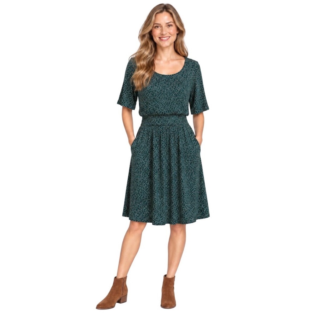 Boden Womens US 12R Green Dotted Short Sleeve Fit & Flare Pocket Dress J0493